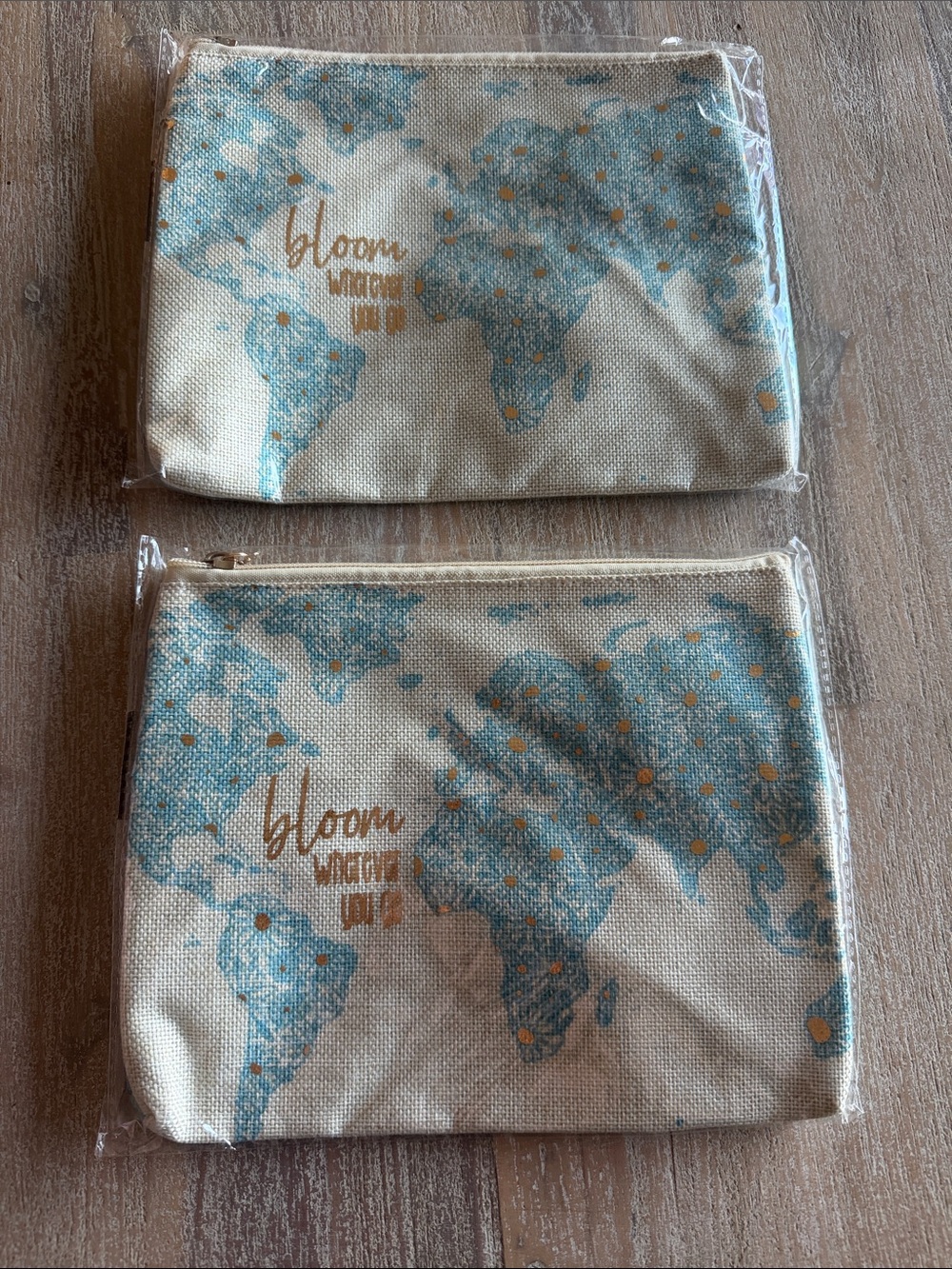 Karma Bloom Wherever You Go - Blue & Gold World Map Canvas Pouch